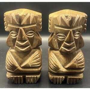 Set of 2 Heavy Carved Onyx Stone Aztec Mayan Tiki Bookend Sculptures Vintage